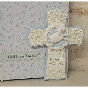 Avalon Gallery Baptism 7.5" Cross Blue Lamb & Floral Accent Christian Gift